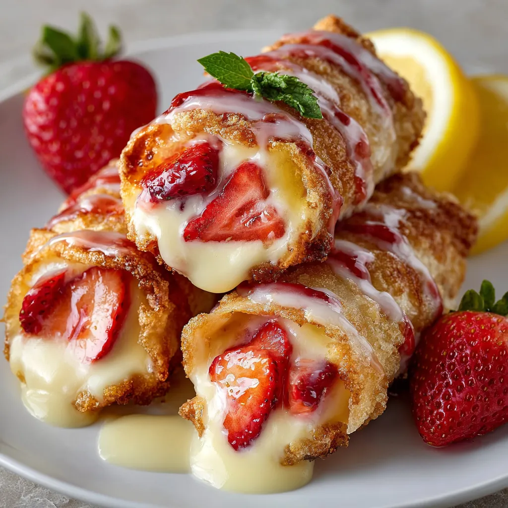 Golden strawberry cheesecake egg rolls drizzled with lemon glaze on a white plate