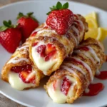 Golden strawberry cheesecake egg rolls drizzled with lemon glaze on a white plate