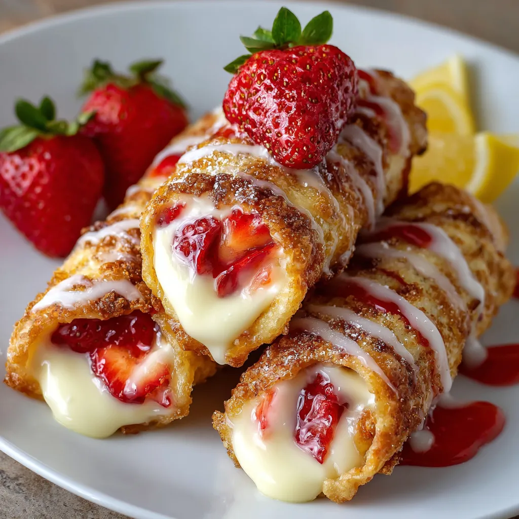 Golden strawberry cheesecake egg rolls drizzled with lemon glaze on a white plate