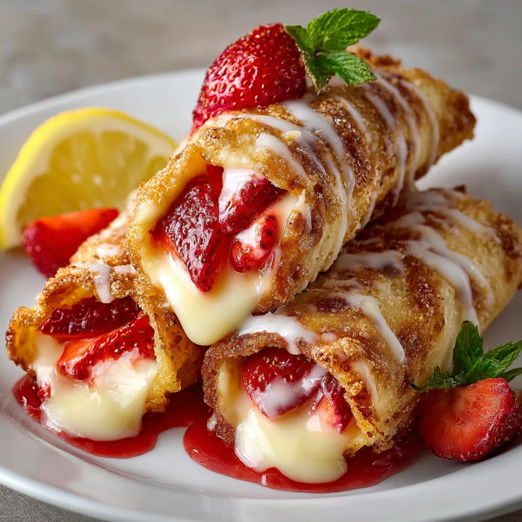 Golden strawberry cheesecake egg rolls drizzled with lemon glaze on a white plate