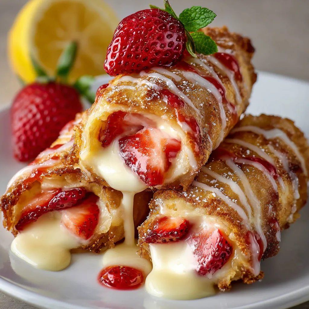 Golden strawberry cheesecake egg rolls drizzled with lemon glaze on a white plate