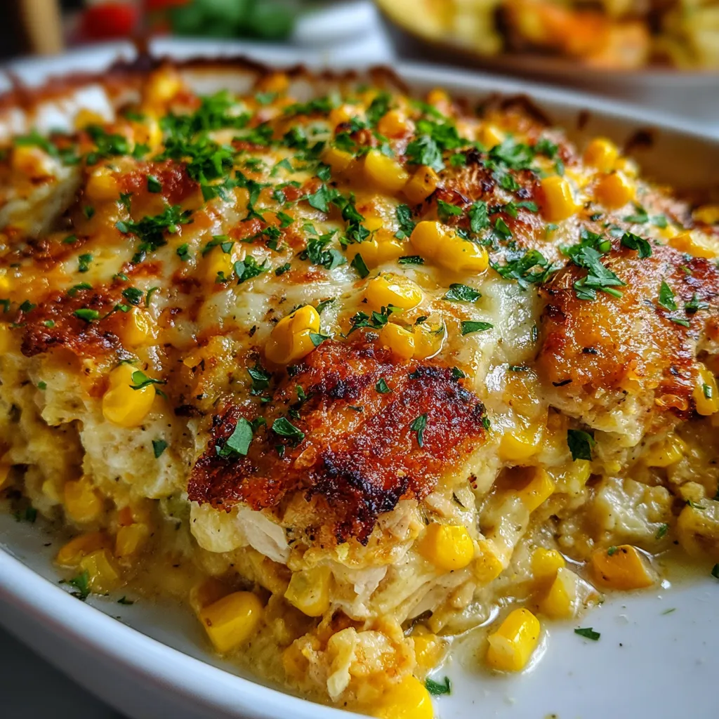 A baked Street Corn Chicken Casserole topped with melted cheese, green onions, and tortilla chips in a white ceramic dish.