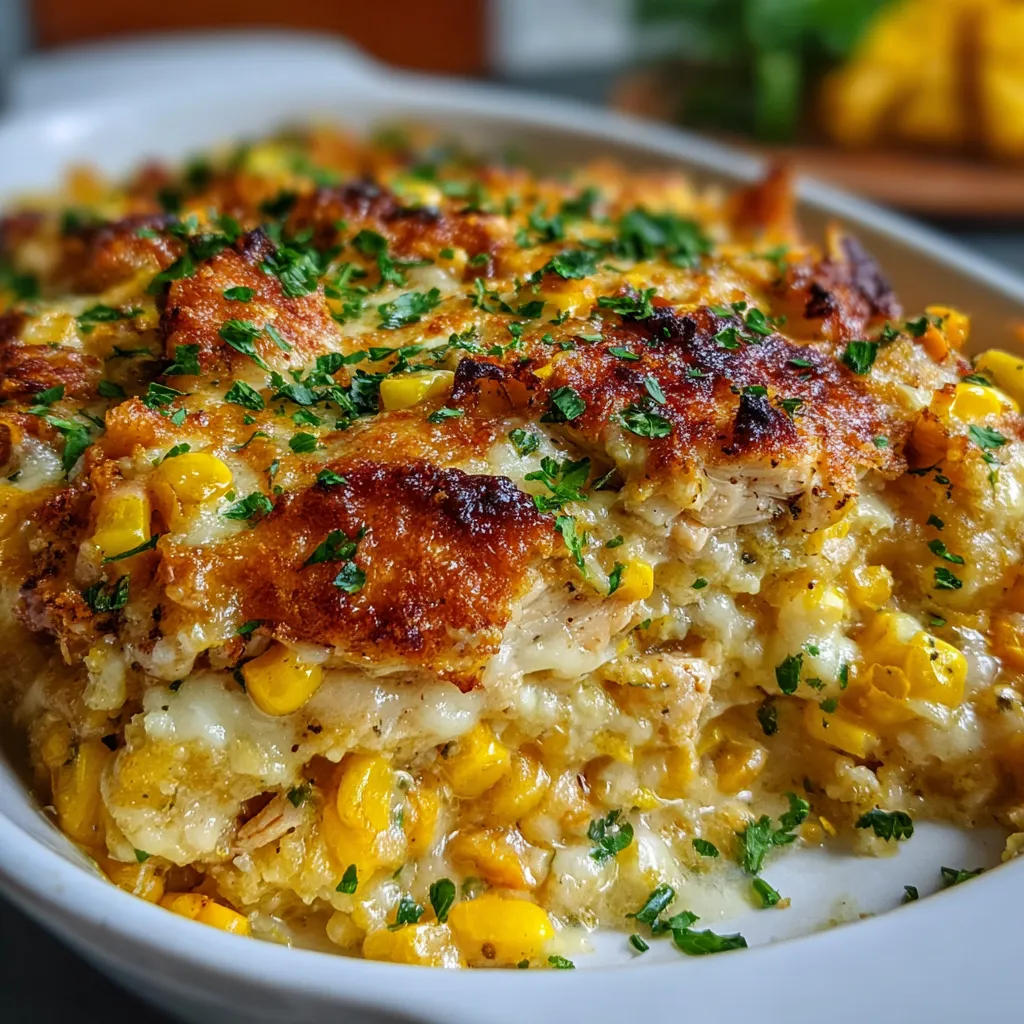 A baked Street Corn Chicken Casserole topped with melted cheese, green onions, and tortilla chips in a white ceramic dish.
