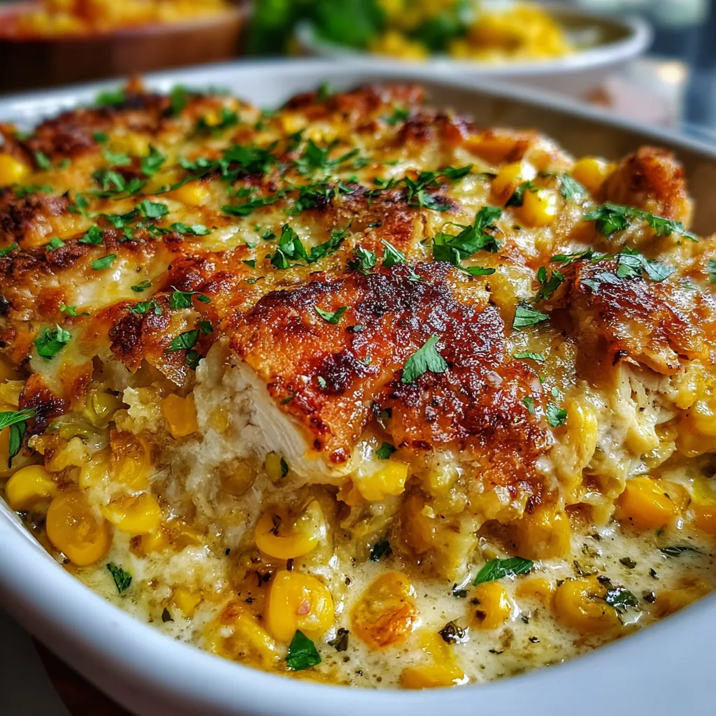 A baked Street Corn Chicken Casserole topped with melted cheese, green onions, and tortilla chips in a white ceramic dish.