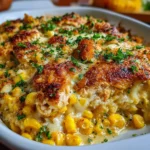 A baked Street Corn Chicken Casserole topped with melted cheese, green onions, and tortilla chips in a white ceramic dish.