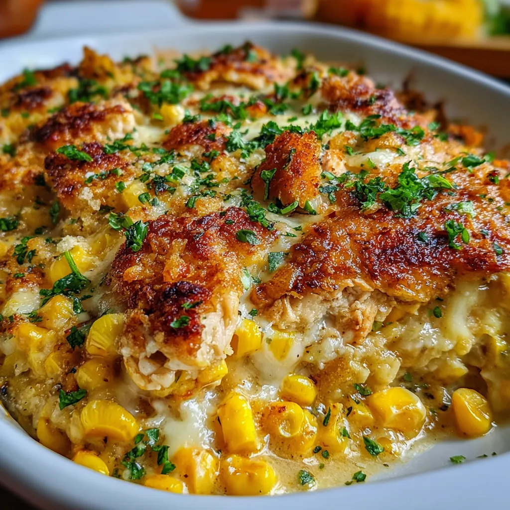 A baked Street Corn Chicken Casserole topped with melted cheese, green onions, and tortilla chips in a white ceramic dish.