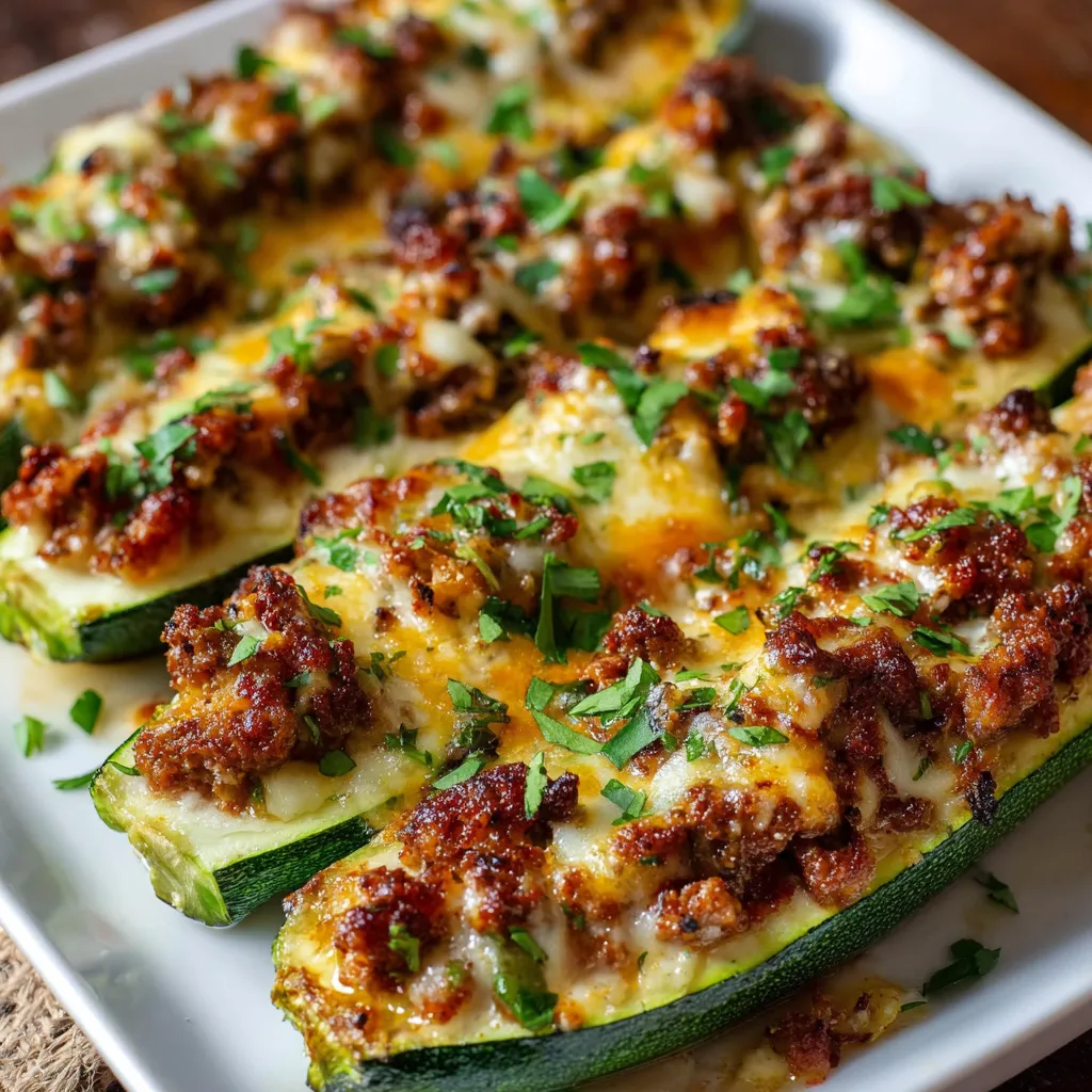 Stuffed zucchini boats filled with ground meat and cheese in a white baking dish