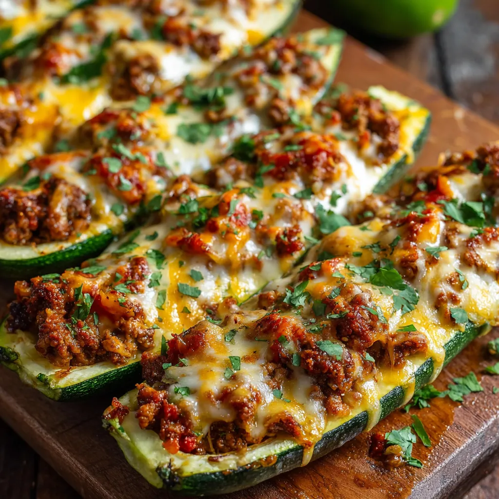 Stuffed zucchini boats filled with ground meat and cheese in a white baking dish