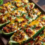 Stuffed zucchini boats filled with ground meat and cheese in a white baking dish