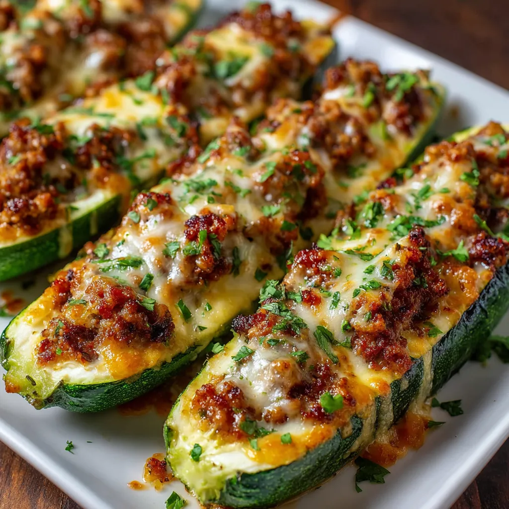 Stuffed zucchini boats filled with ground meat and cheese in a white baking dish