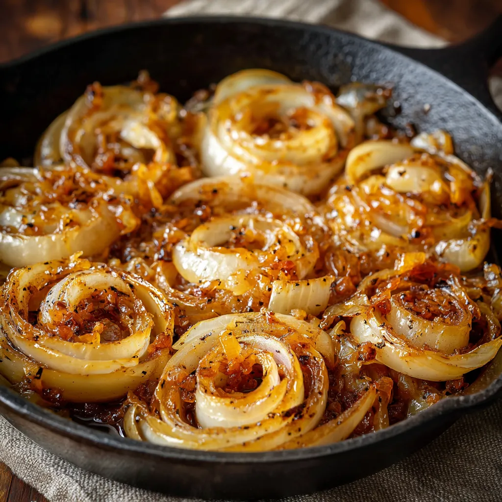 Golden caramelized Tennessee Onions served in a skillet