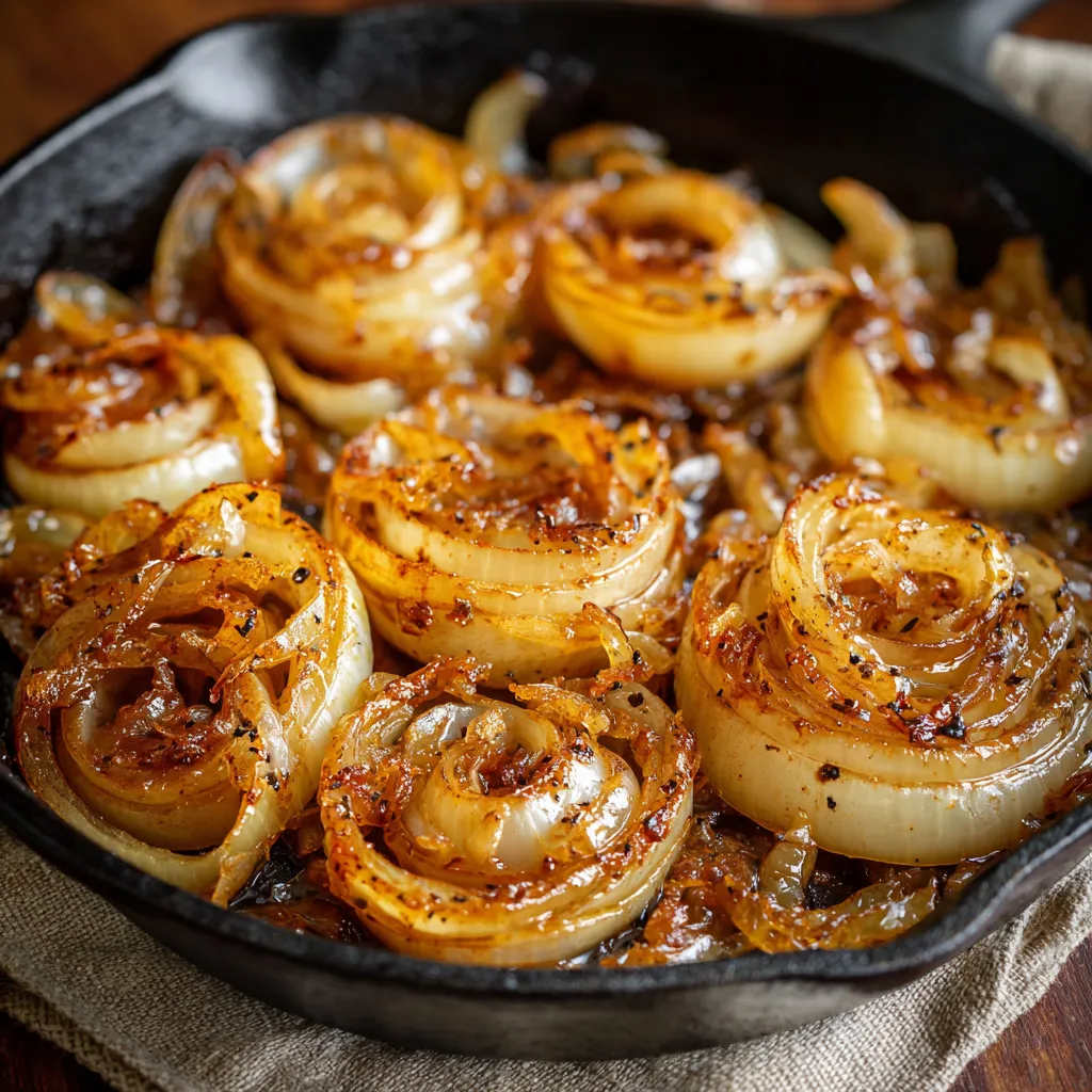 Golden caramelized Tennessee Onions served in a skillet