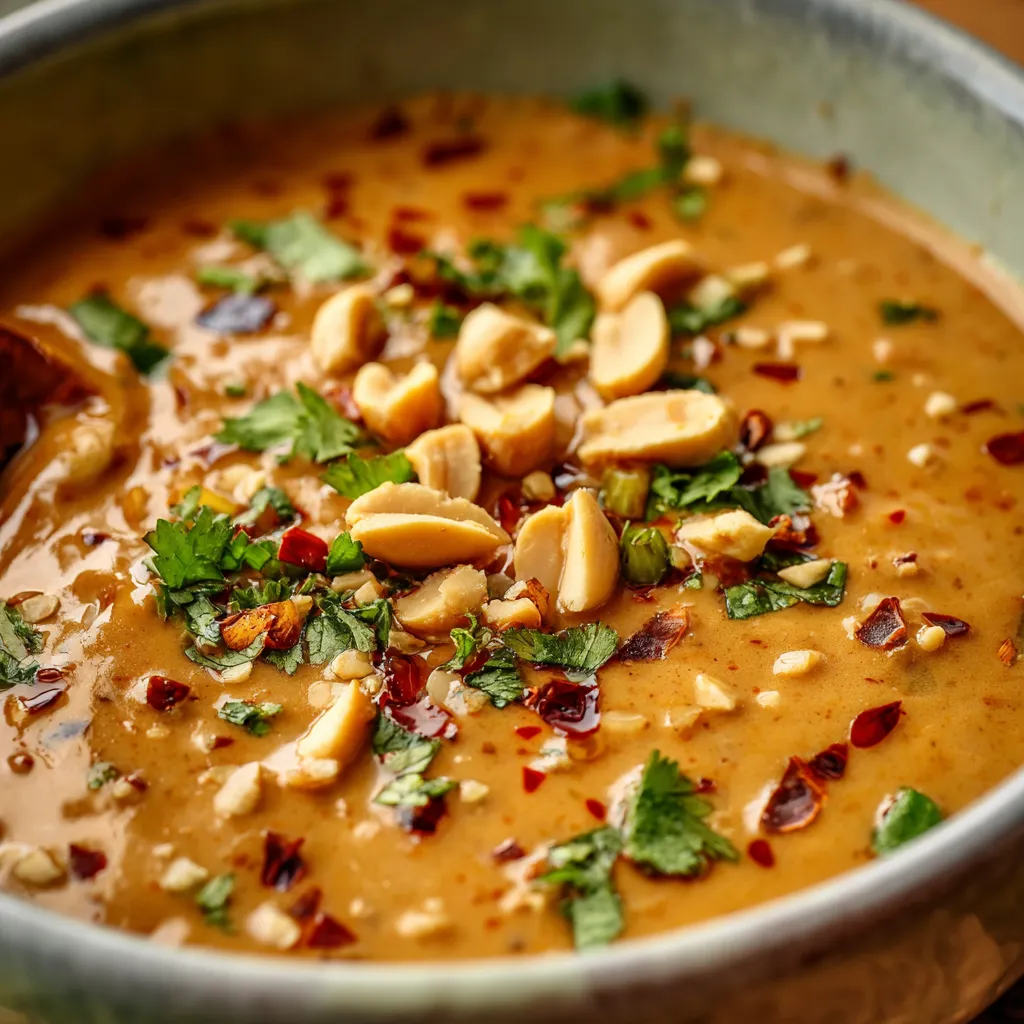 Homemade creamy Thai peanut sauce in a bowl with a spoon