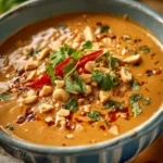 Homemade creamy Thai peanut sauce in a bowl with a spoon