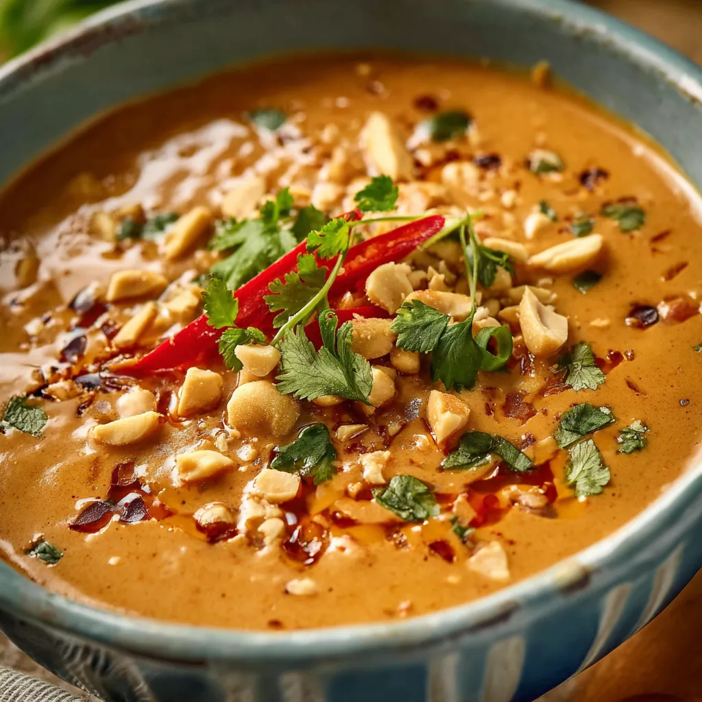 Homemade creamy Thai peanut sauce in a bowl with a spoon