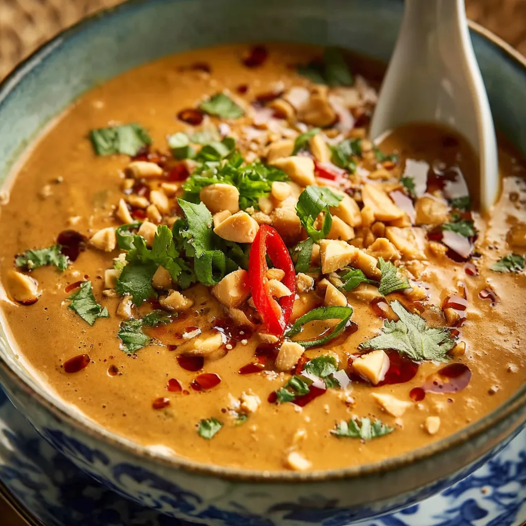 Homemade creamy Thai peanut sauce in a bowl with a spoon