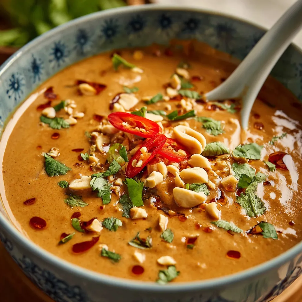 Homemade creamy Thai peanut sauce in a bowl with a spoon