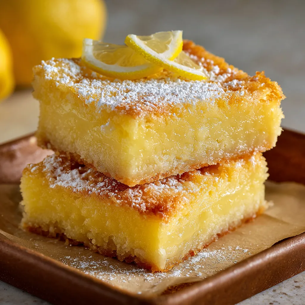Freshly baked Two-Ingredient Lemon Bars cut into squares, dusted with powdered sugar on a wooden board.