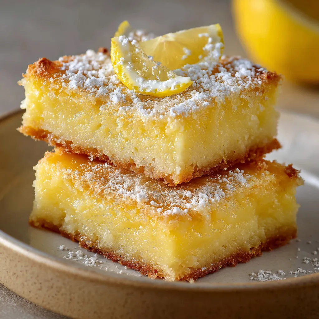 Freshly baked Two-Ingredient Lemon Bars cut into squares, dusted with powdered sugar on a wooden board.