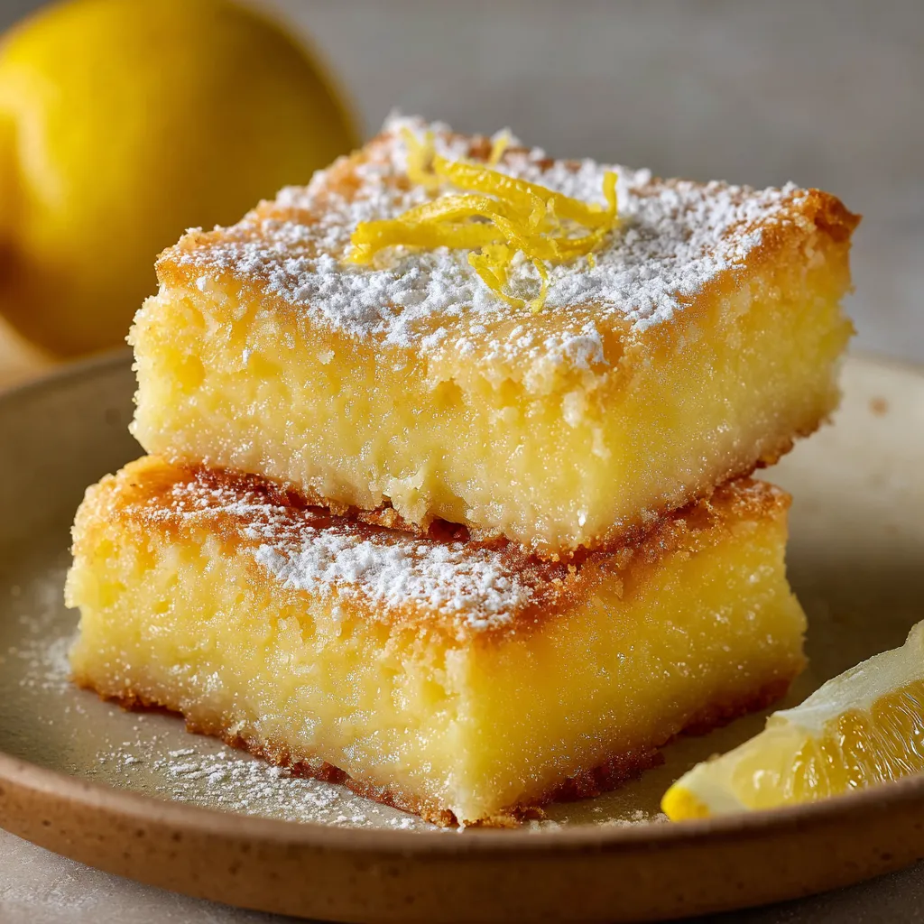 Freshly baked Two-Ingredient Lemon Bars cut into squares, dusted with powdered sugar on a wooden board.