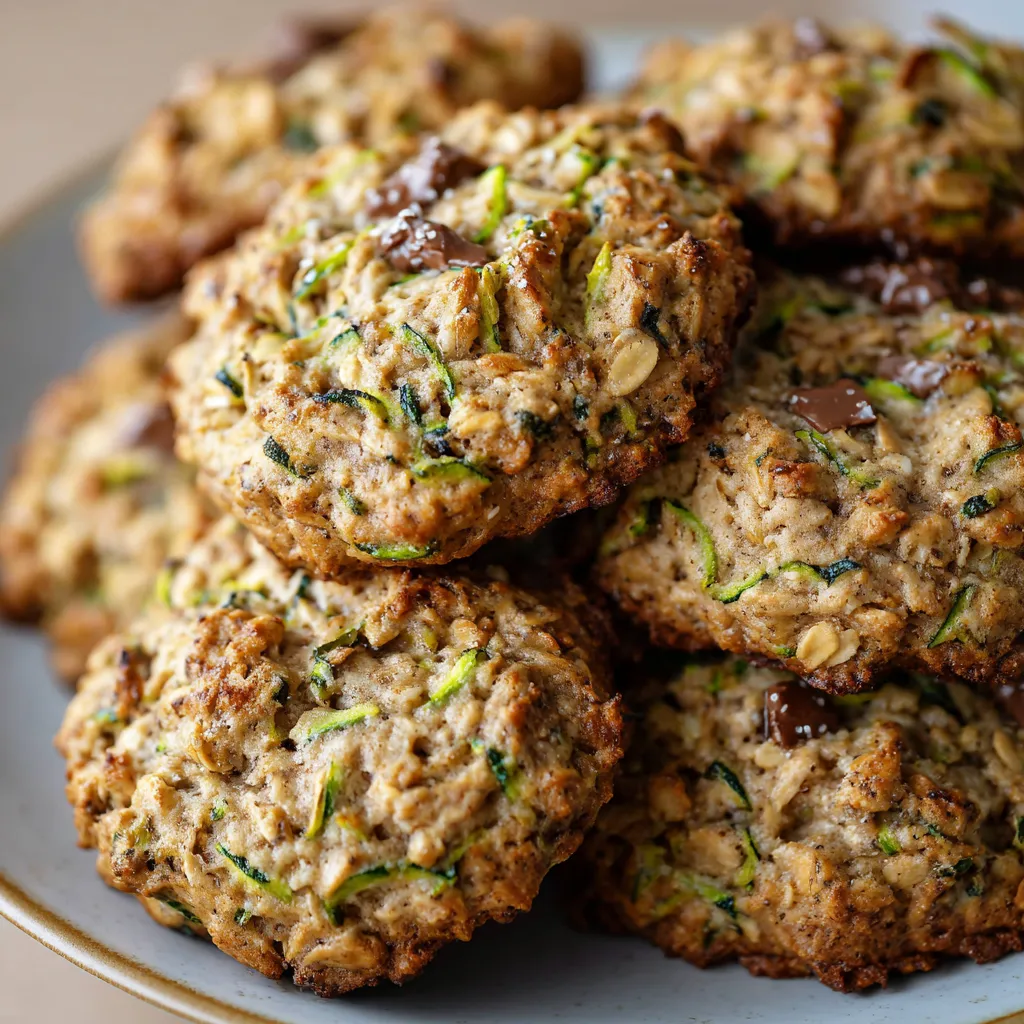A plate of zucchini bread oatmeal cookies with golden edges and visible oats.