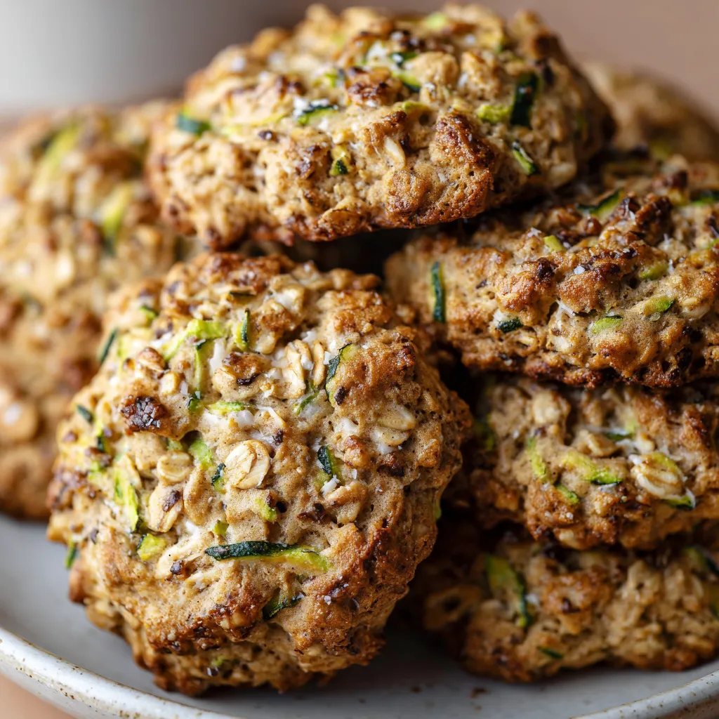 A plate of zucchini bread oatmeal cookies with golden edges and visible oats.