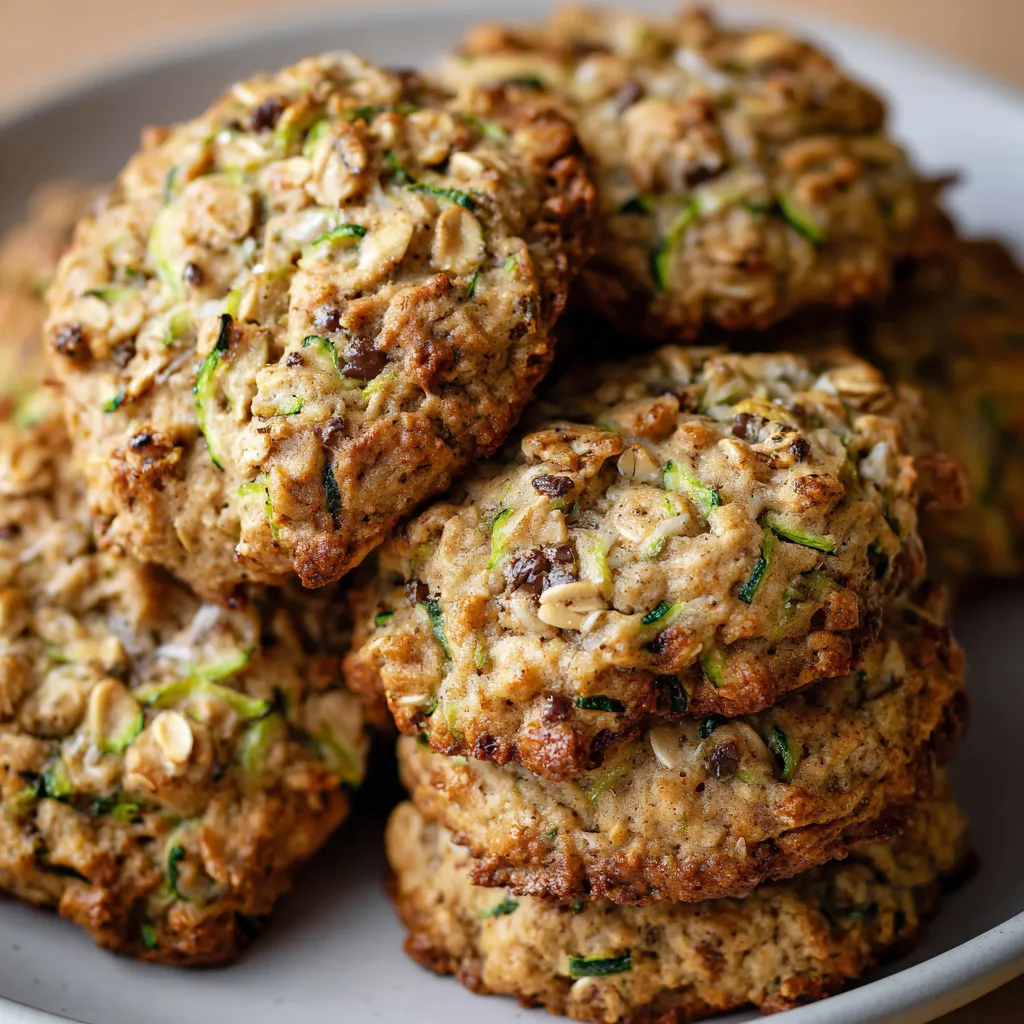 A plate of zucchini bread oatmeal cookies with golden edges and visible oats.
