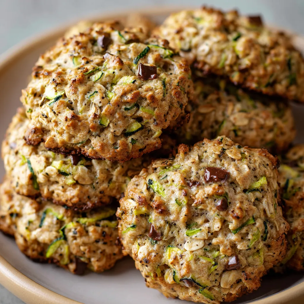 A plate of zucchini bread oatmeal cookies with golden edges and visible oats.