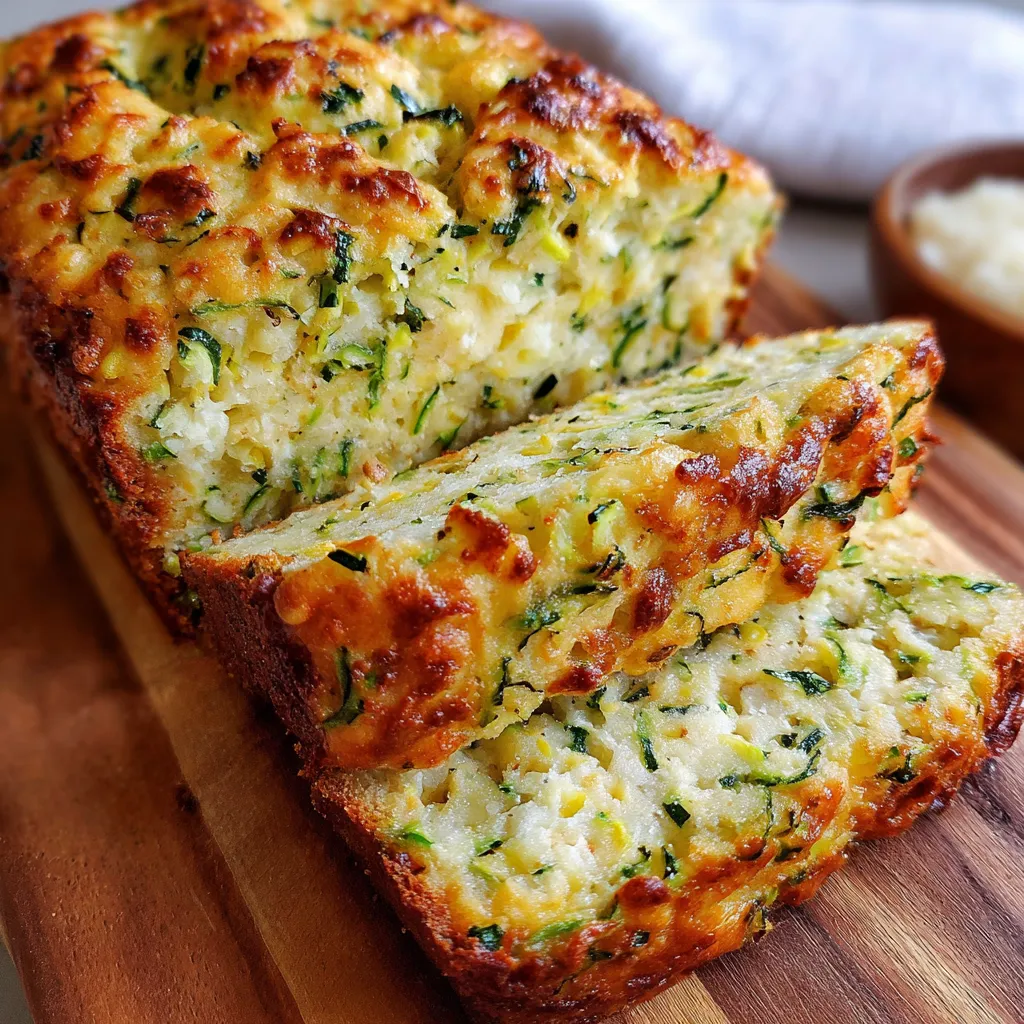 Freshly baked loaf of moist Zucchini Cheese Bread with golden crust and cheddar melted throughout