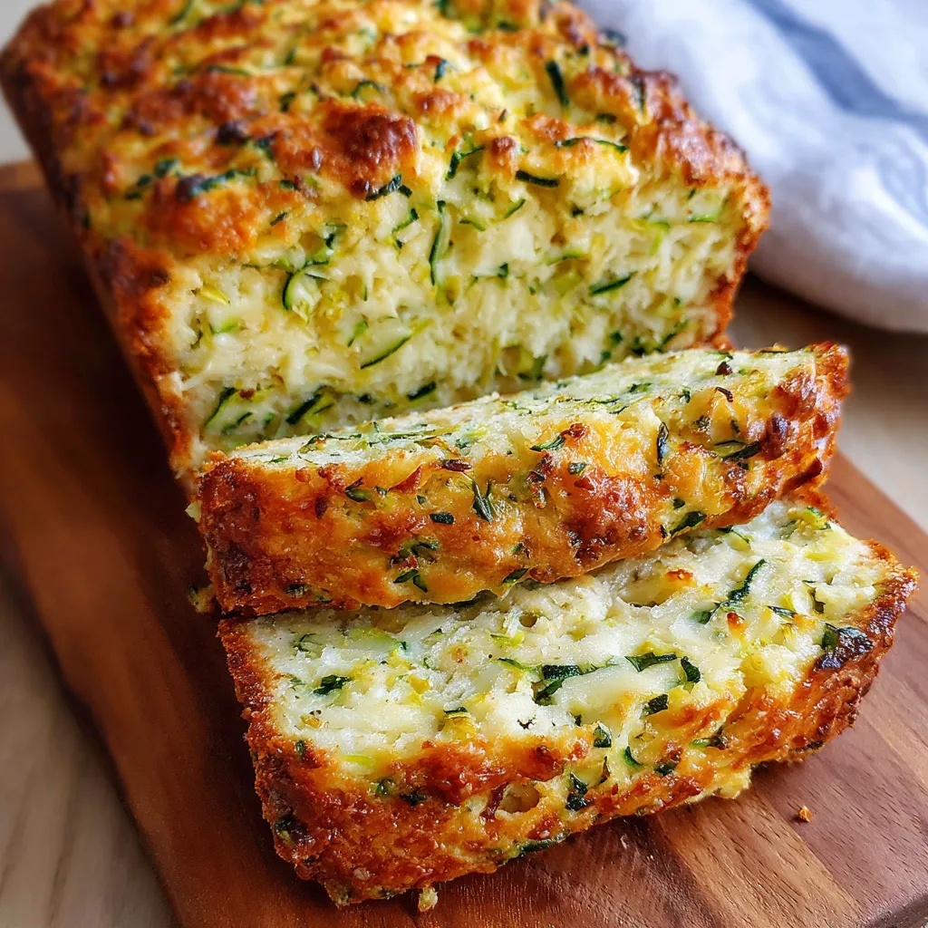 Freshly baked loaf of moist Zucchini Cheese Bread with golden crust and cheddar melted throughout