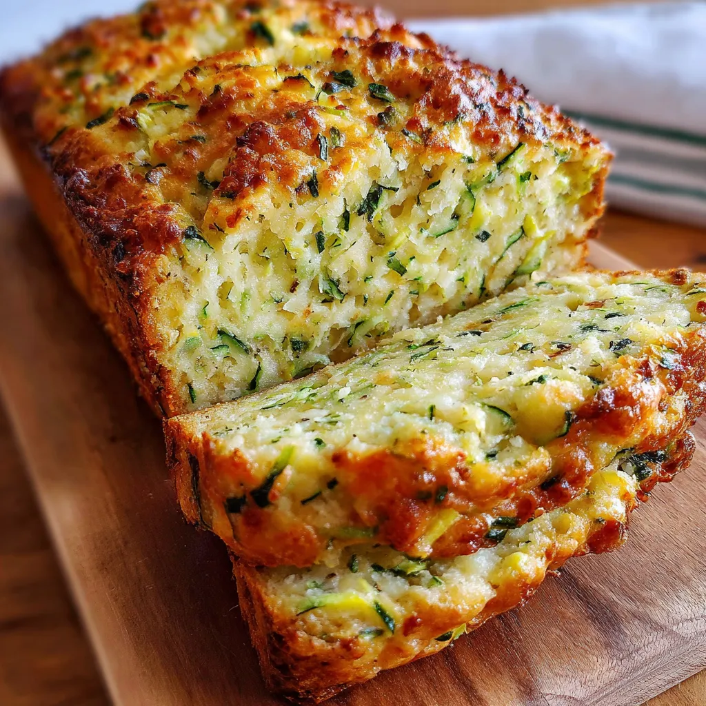 Freshly baked loaf of moist Zucchini Cheese Bread with golden crust and cheddar melted throughout