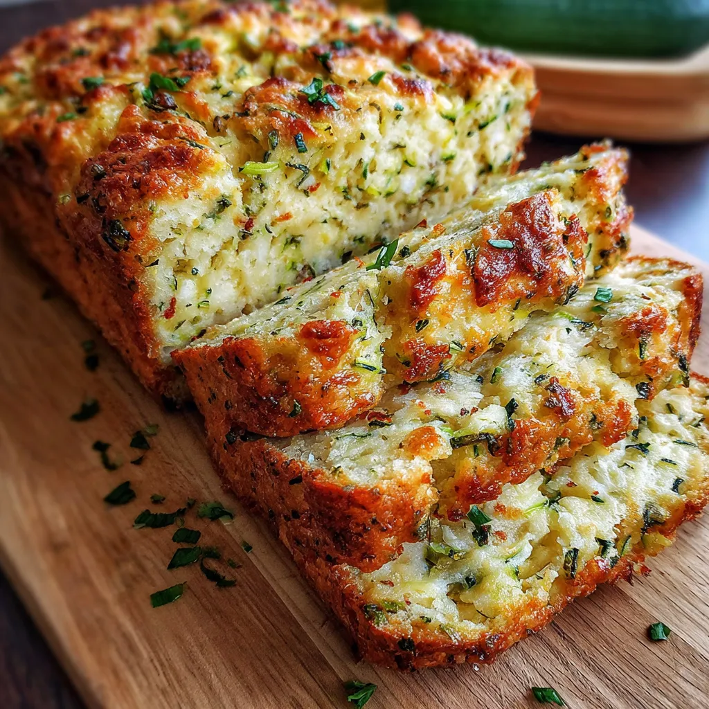 Freshly baked loaf of moist Zucchini Cheese Bread with golden crust and cheddar melted throughout