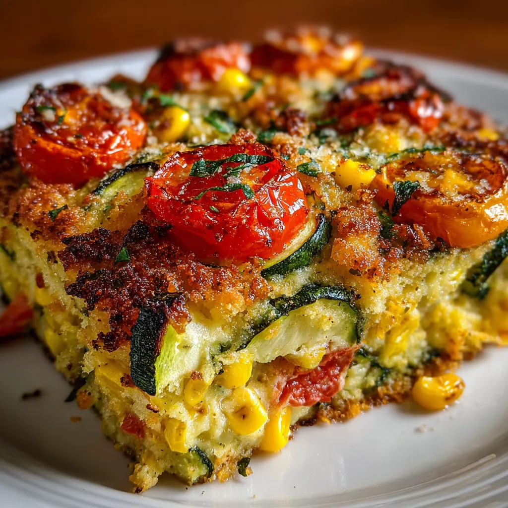 Freshly baked zucchini corn tomato casserole topped with golden Parmesan breadcrumbs