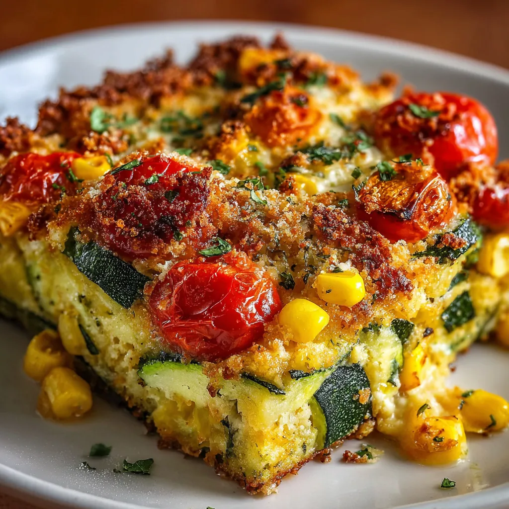 Freshly baked zucchini corn tomato casserole topped with golden Parmesan breadcrumbs
