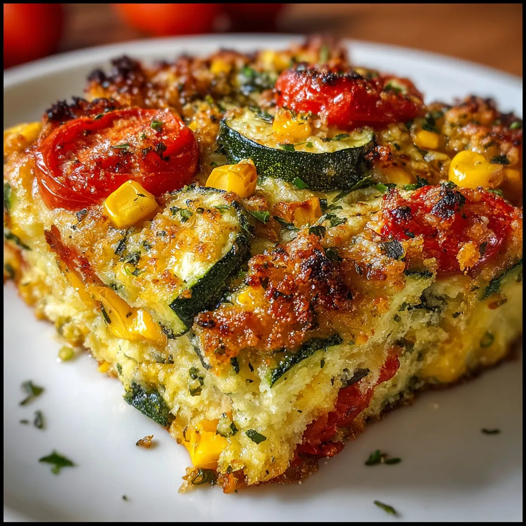 Freshly baked zucchini corn tomato casserole topped with golden Parmesan breadcrumbs