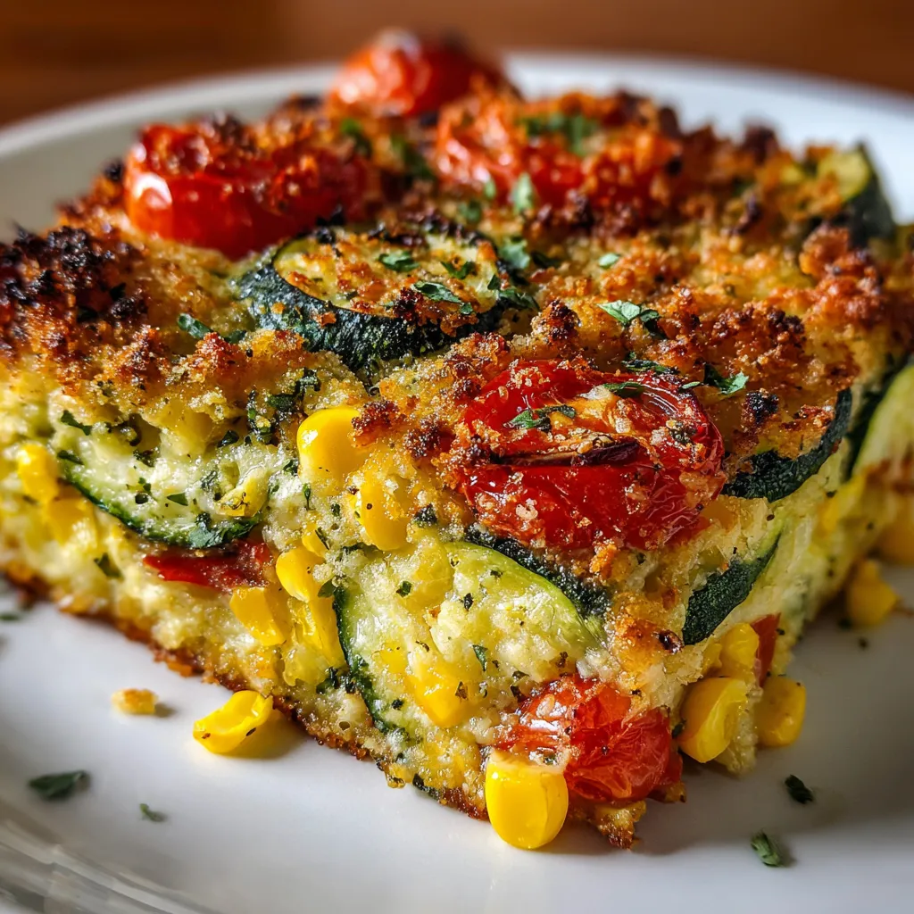 Freshly baked zucchini corn tomato casserole topped with golden Parmesan breadcrumbs