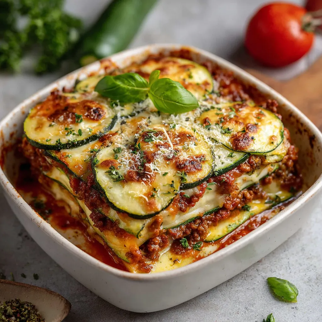 Baked zucchini lasagna layered with meat sauce and melted cheese in a casserole dish