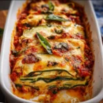 Baked zucchini lasagna layered with meat sauce and melted cheese in a casserole dish