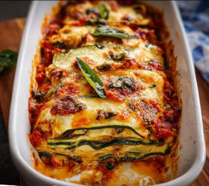 Baked zucchini lasagna layered with meat sauce and melted cheese in a casserole dish