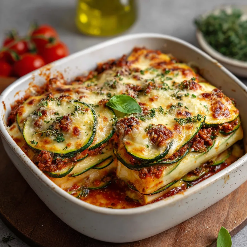 Baked zucchini lasagna layered with meat sauce and melted cheese in a casserole dish