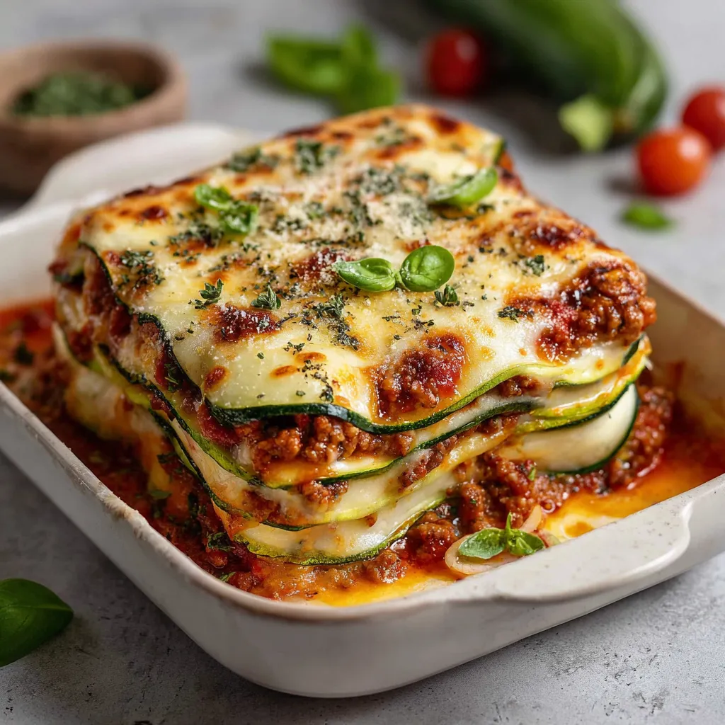 Baked zucchini lasagna layered with meat sauce and melted cheese in a casserole dish