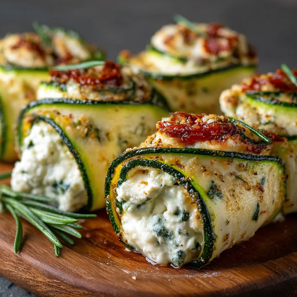 Thin zucchini strips rolled up with creamy herb and garlic cream cheese filling, garnished with fresh herbs.