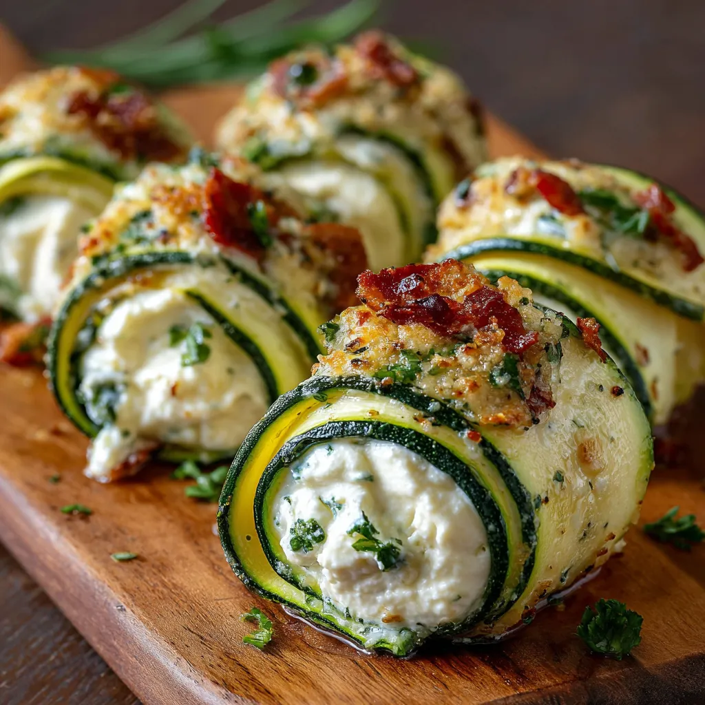 Thin zucchini strips rolled up with creamy herb and garlic cream cheese filling, garnished with fresh herbs.