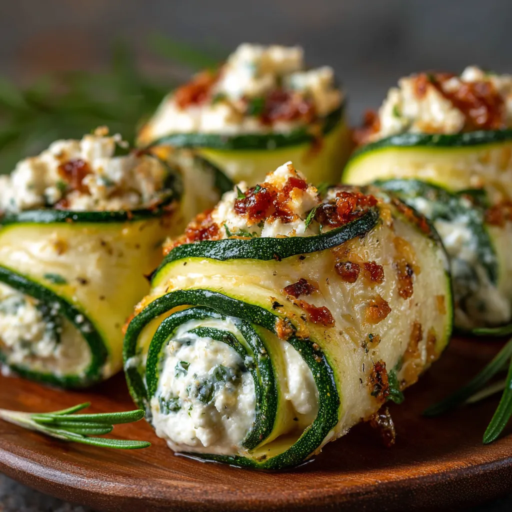 Thin zucchini strips rolled up with creamy herb and garlic cream cheese filling, garnished with fresh herbs.
