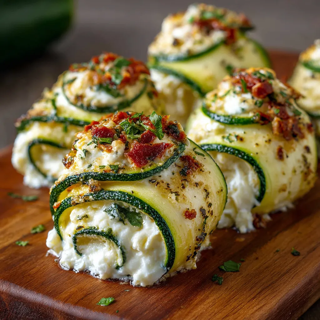 Thin zucchini strips rolled up with creamy herb and garlic cream cheese filling, garnished with fresh herbs.