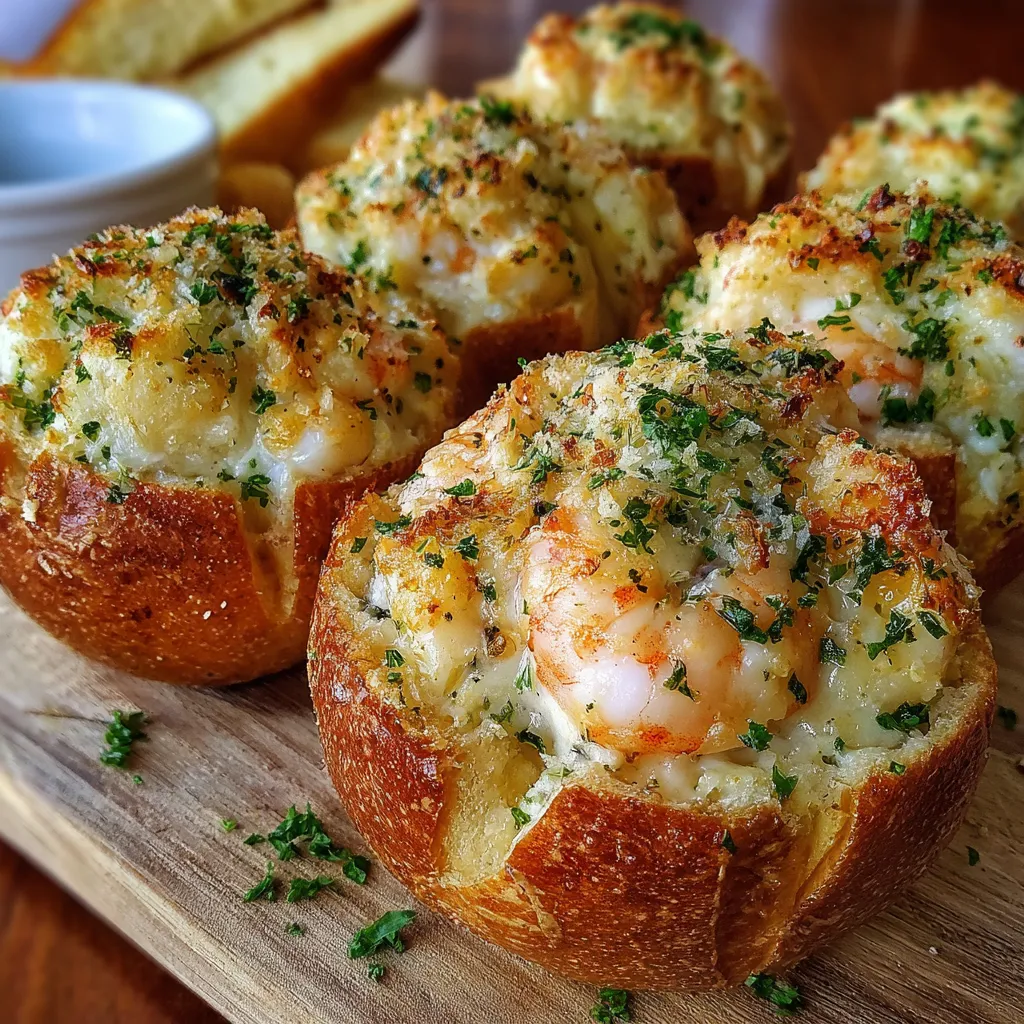 Cheesy garlic bread bombs stuffed with creamy shrimp and crab mixture, baked until golden.