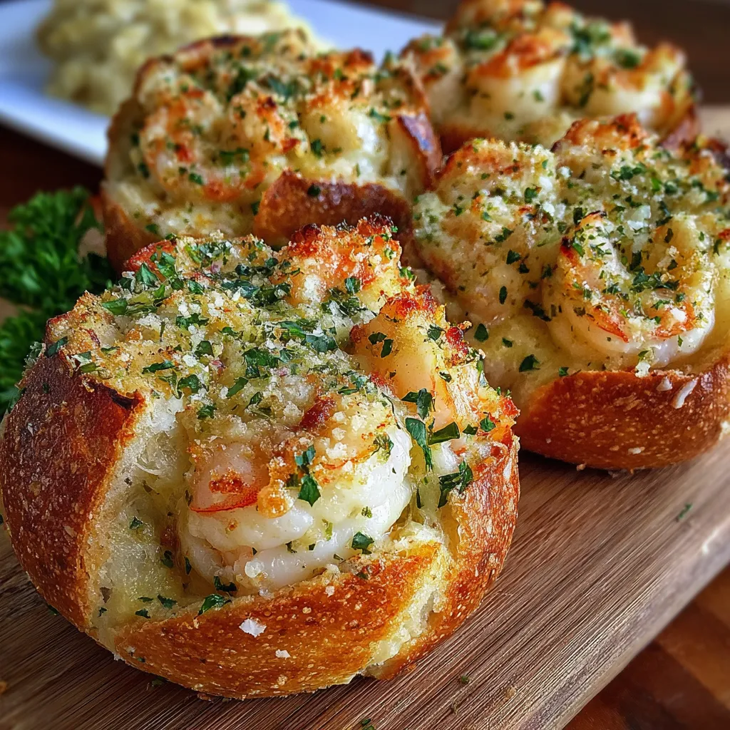 Cheesy garlic bread bombs stuffed with creamy shrimp and crab mixture, baked until golden.