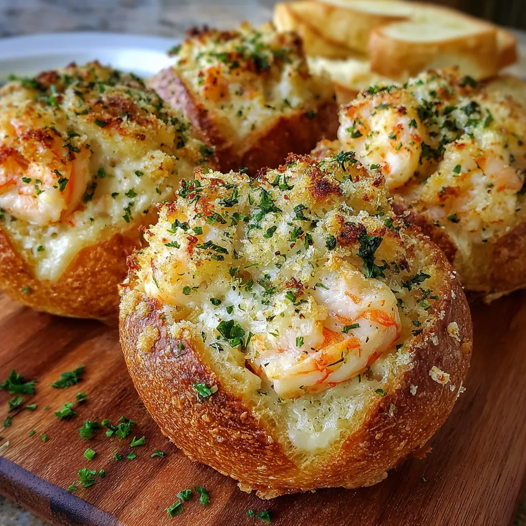 Cheesy garlic bread bombs stuffed with creamy shrimp and crab mixture, baked until golden.