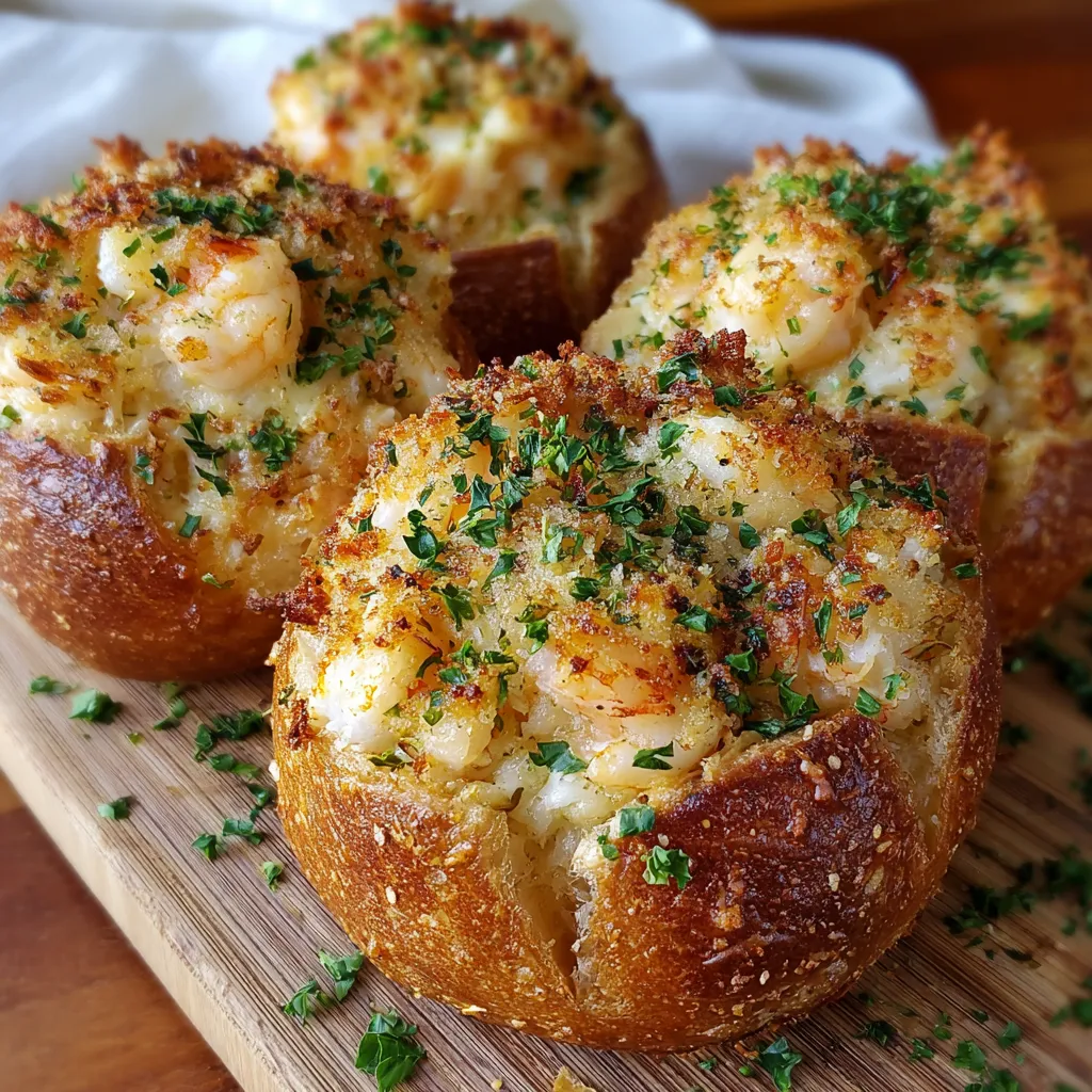 Cheesy garlic bread bombs stuffed with creamy shrimp and crab mixture, baked until golden.