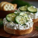 Bowl of tangy dill pickle cream cheese spread with crackers and sliced veggies